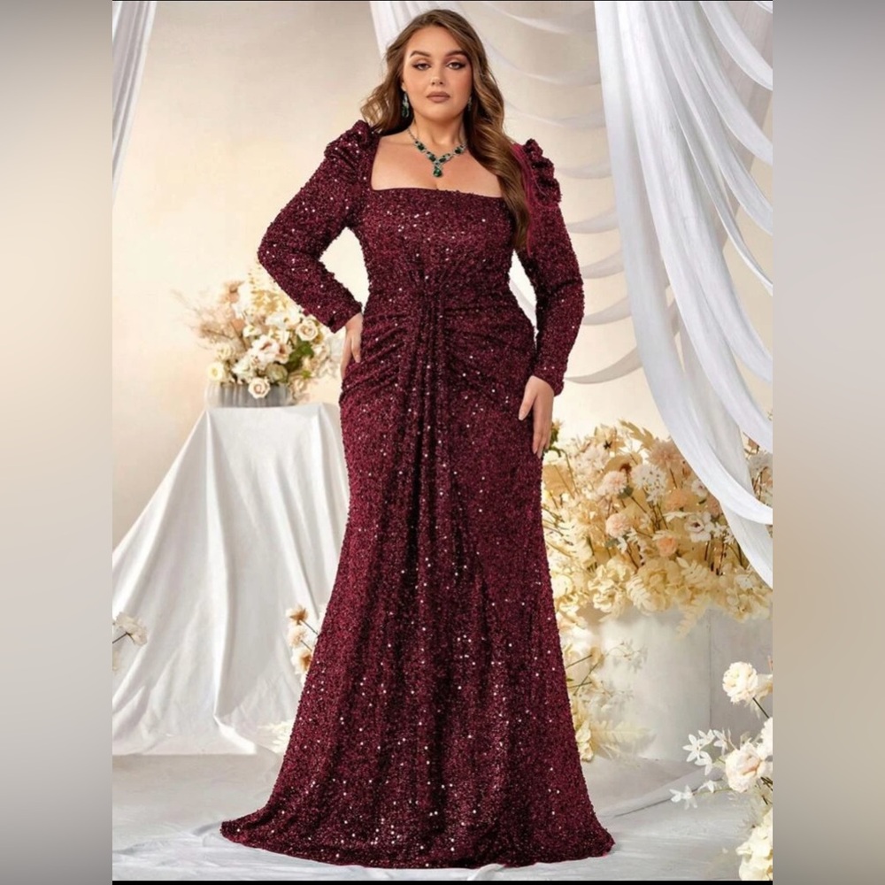 Giffniseti Plus Square Neck Puff Sleeve Sequin formal dress color Maroon